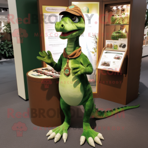 Forest Green Coelophysis mascot costume character dressed with a Chinos and Coin purses