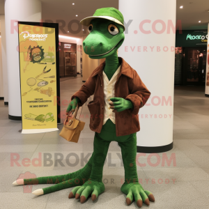 Forest Green Coelophysis mascot costume character dressed with a Chinos and Coin purses