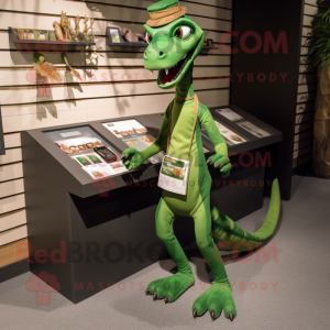 Forest Green Coelophysis mascot costume character dressed with a Chinos and Coin purses