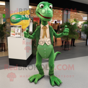 Forest Green Coelophysis mascot costume character dressed with a Chinos and Coin purses