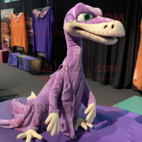 Purple Coelophysis mascot costume character dressed with a Poplin Shirt and Shawl pins