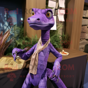 Purple Coelophysis mascot costume character dressed with a Poplin Shirt and Shawl pins