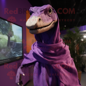 Purple Coelophysis mascot costume character dressed with a Poplin Shirt and Shawl pins