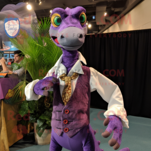 Purple Coelophysis mascot costume character dressed with a Poplin Shirt and Shawl pins