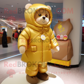 Gold Candy Box mascot costume character dressed with a Parka and Tote bags