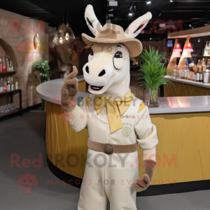 Beige Donkey mascot costume character dressed with a Cocktail Dress and Caps