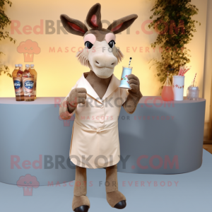 Beige Donkey mascot costume character dressed with a Cocktail Dress and Caps