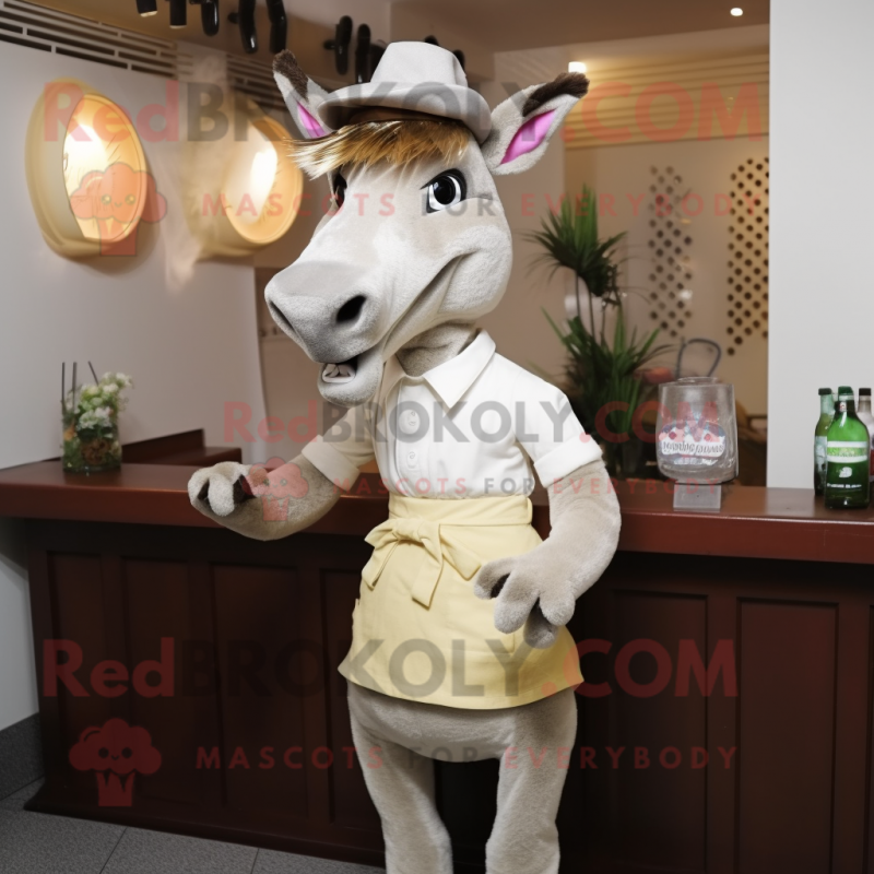 Beige Donkey mascot costume character dressed with a Cocktail Dress and Caps