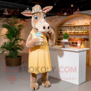 Beige Donkey mascot costume character dressed with a Cocktail Dress and Caps