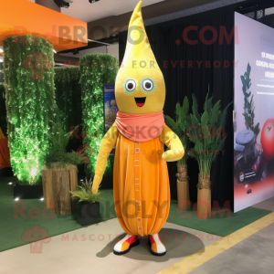 Gold Carrot mascot costume character dressed with a Maxi Dress and Keychains