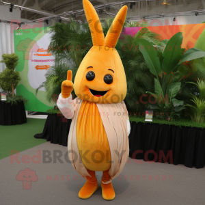 Gold Carrot mascot costume character dressed with a Maxi Dress and Keychains