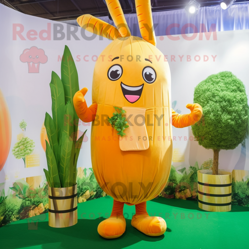 Gold Carrot mascot costume character dressed with a Maxi Dress and Keychains Gold Carrot mascot costume character dressed with a Maxi Dress and Keychains