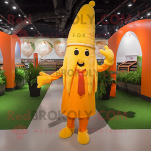 Gold Carrot mascot costume character dressed with a Maxi Dress and Keychains