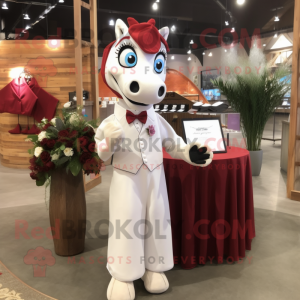 Maroon Mare mascot costume character dressed with a Wedding Dress and Cufflinks