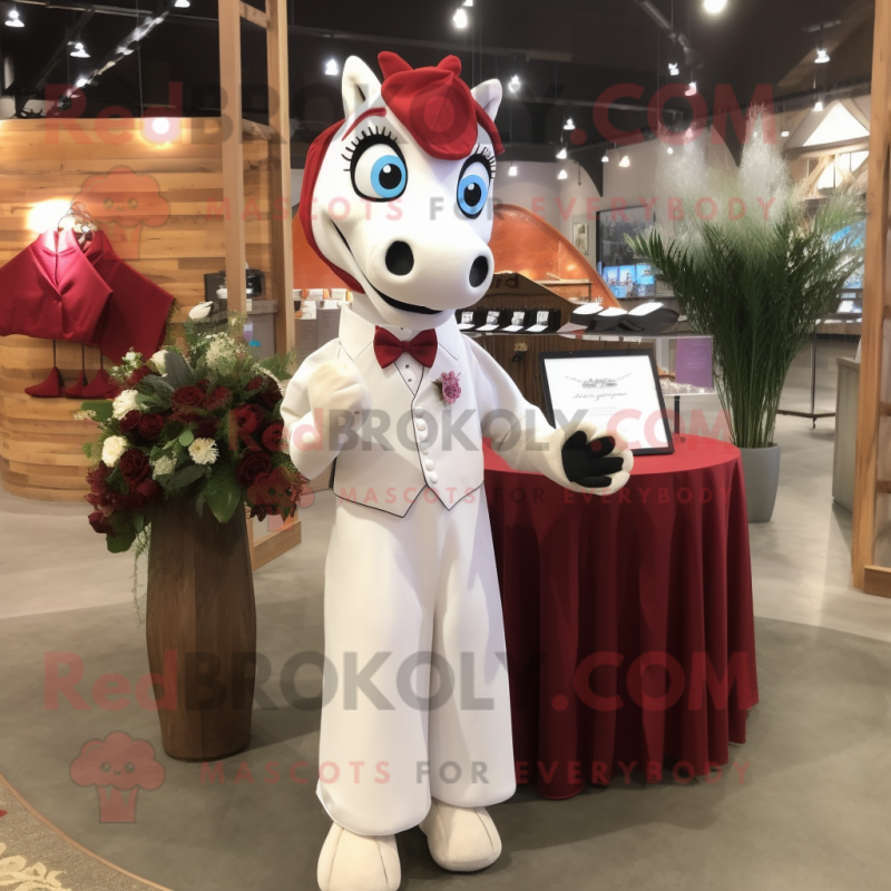 Maroon Mare mascot costume character dressed with a Wedding Dress and Cufflinks Maroon Mare mascot costume character dressed with a Wedding Dress and Cufflinks