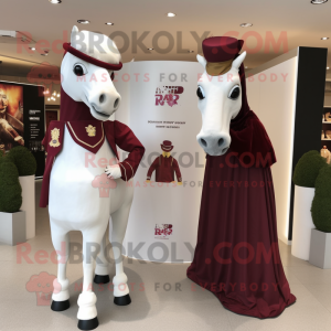 Maroon Mare mascot costume character dressed with a Wedding Dress and Cufflinks