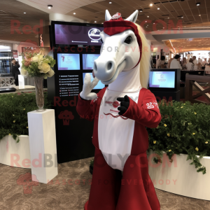 Maroon Mare mascot costume character dressed with a Wedding Dress and Cufflinks