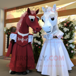 Maroon Mare mascot costume character dressed with a Wedding Dress and Cufflinks