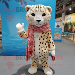 Cream Leopard mascot costume character dressed with a Denim Shorts and Shawls