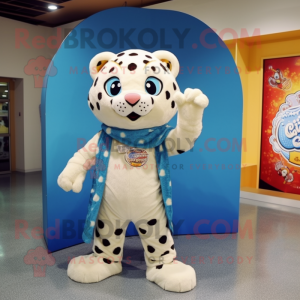 Cream Leopard mascot costume character dressed with a Denim Shorts and Shawls