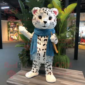 Cream Leopard mascot costume character dressed with a Denim Shorts and Shawls