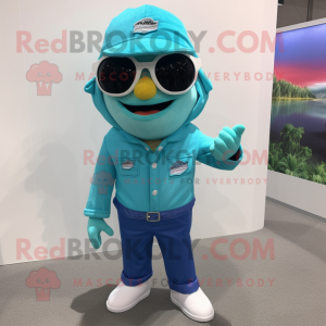 Turquoise Cod mascot costume character dressed with a Overalls and Sunglasses