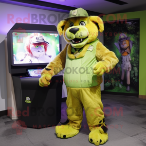 Lime Green Saber-Toothed Tiger mascot costume character dressed with a Cargo Pants and Digital watches
