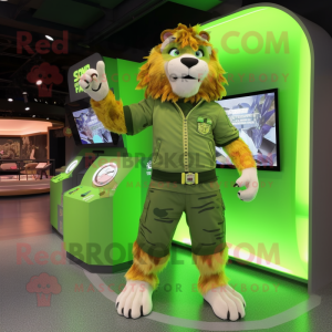 Lime Green Saber-Toothed Tiger mascot costume character dressed with a Cargo Pants and Digital watches