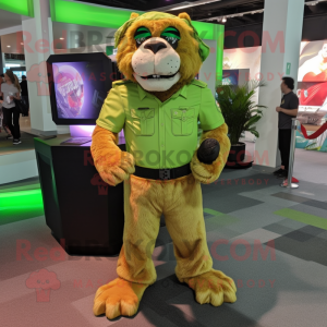 Lime Green Saber-Toothed Tiger mascot costume character dressed with a Cargo Pants and Digital watches