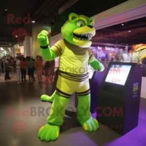 Lime Green Saber-Toothed Tiger mascot costume character dressed with a Cargo Pants and Digital watches