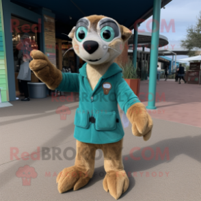 Teal Meerkat mascot costume character dressed with a Corduroy Pants and Mittens