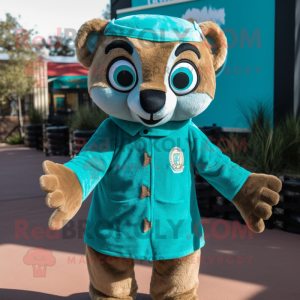 Teal Meerkat mascot costume character dressed with a Corduroy Pants and Mittens