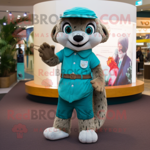 Teal Meerkat mascot costume character dressed with a Corduroy Pants and Mittens