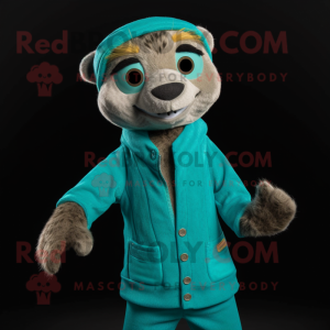 Teal Meerkat mascot costume character dressed with a Corduroy Pants and Mittens