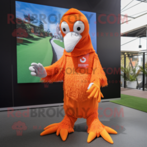 Orange Ostrich mascot costume character dressed with a Cover-up and Beanies