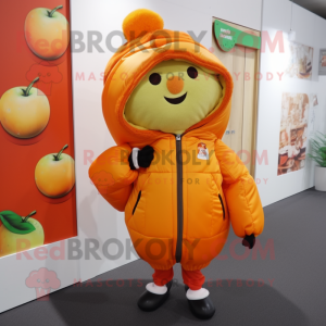 Orange Apple mascot costume character dressed with a Parka and Messenger bags