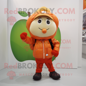 Orange Apple mascot costume character dressed with a Parka and Messenger bags