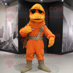 Orange Special Air Service mascot costume character dressed with a Long Sleeve Tee and Scarves