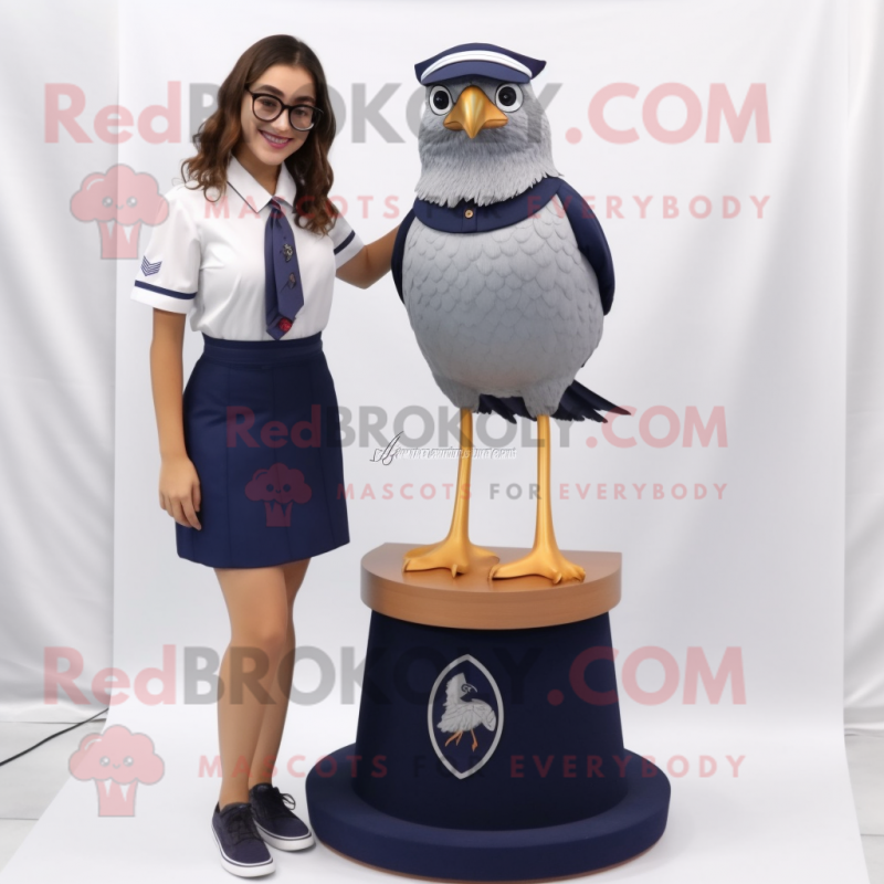 Navy Quail mascot costume character dressed with a A-Line Skirt and Eyeglasses