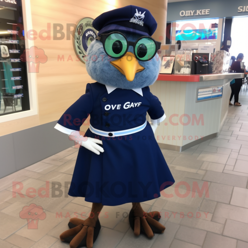 Navy Quail mascot costume character dressed with a A-Line Skirt and Eyeglasses Navy Quail mascot costume character dressed with a A-Line Skirt and Eyeglasses