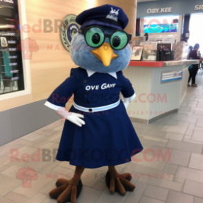 Navy Quail mascot costume character dressed with a A-Line Skirt and Eyeglasses