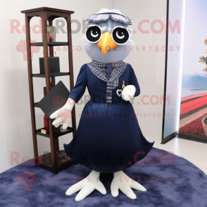 Navy Quail mascot costume character dressed with a A-Line Skirt and Eyeglasses