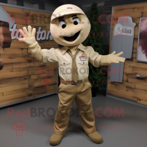 Beige Knife Thrower mascot costume character dressed with a Cargo Pants and Tie pins