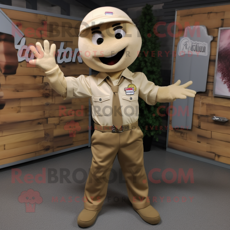 Beige Knife Thrower mascot costume character dressed with a Cargo Pants and Tie pins Beige Knife Thrower mascot costume character dressed with a Cargo Pants and Tie pins
