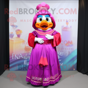 Magenta Mandarin mascot costume character dressed with a Empire Waist Dress and Wraps