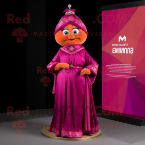 Magenta Mandarin mascot costume character dressed with a Empire Waist Dress and Wraps