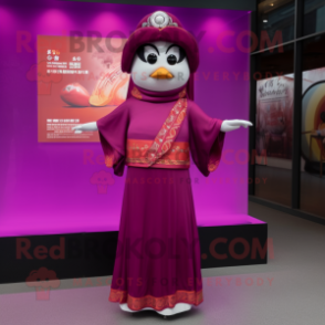 Magenta Mandarin mascot costume character dressed with a Empire Waist Dress and Wraps