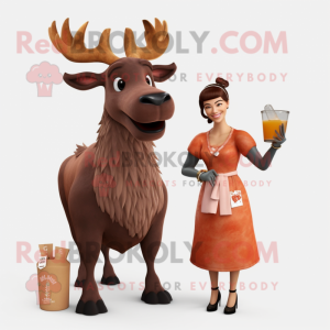 Rust Elk mascot costume character dressed with a Cocktail Dress and Mittens
