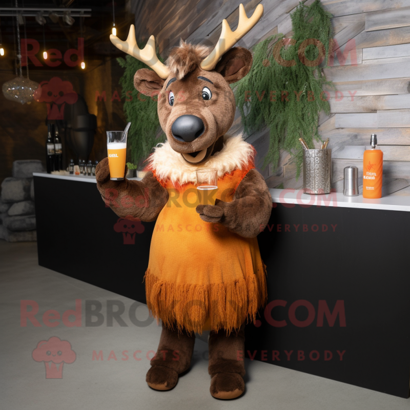 Rust Elk mascot costume character dressed with a Cocktail Dress and Mittens