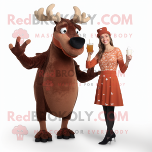 Rust Elk mascot costume character dressed with a Cocktail Dress and Mittens